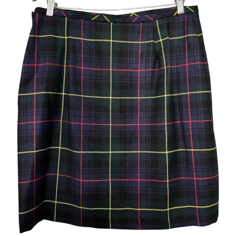 J. McLaughlin Womens Size 14 Green Tartan Plaid Wool Zip Up Front Straight Skirt